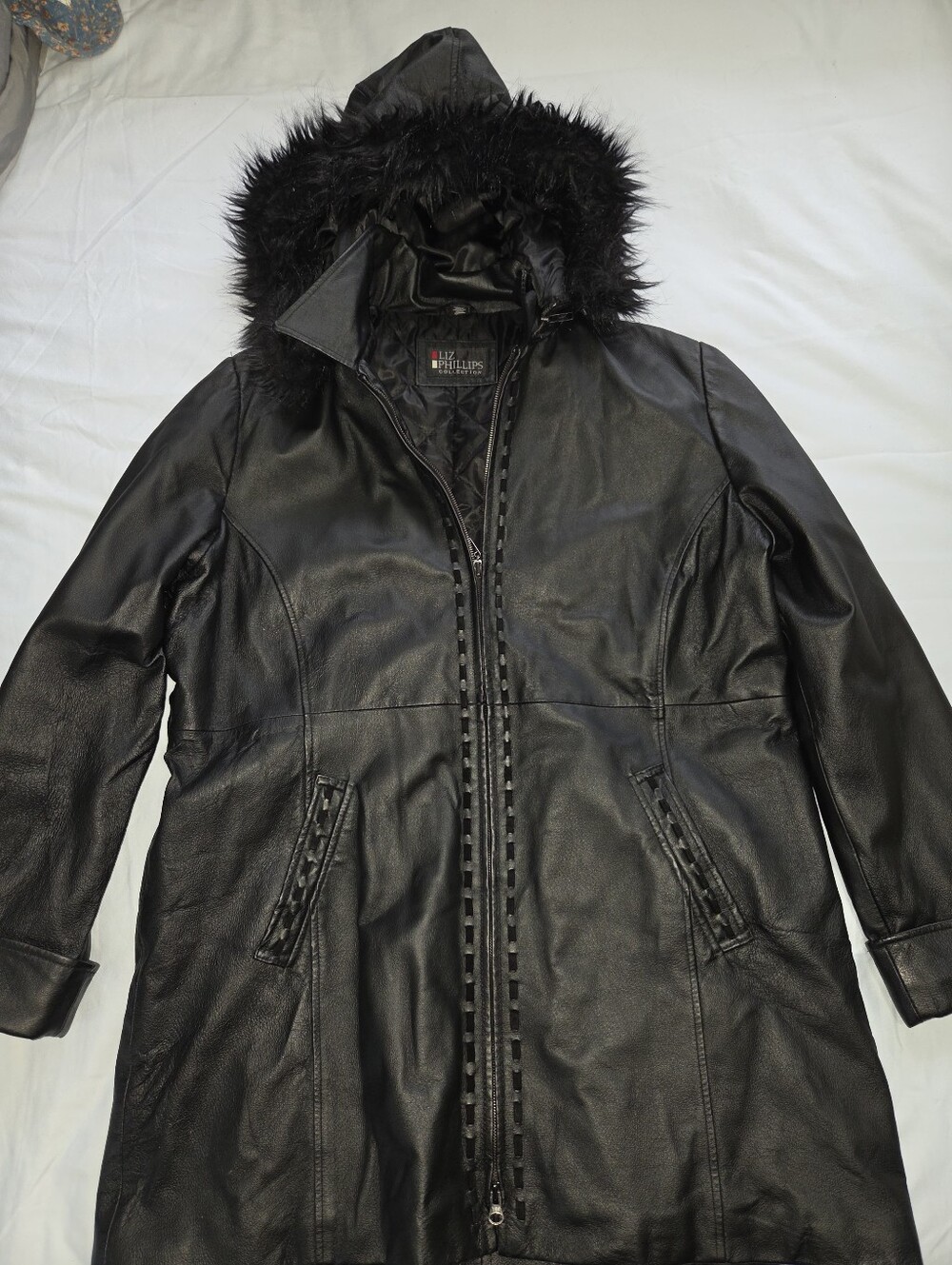 Vintage Liz Phillips Brown Soft Leather Long Coat, Faux Fur Lined Hood Women S